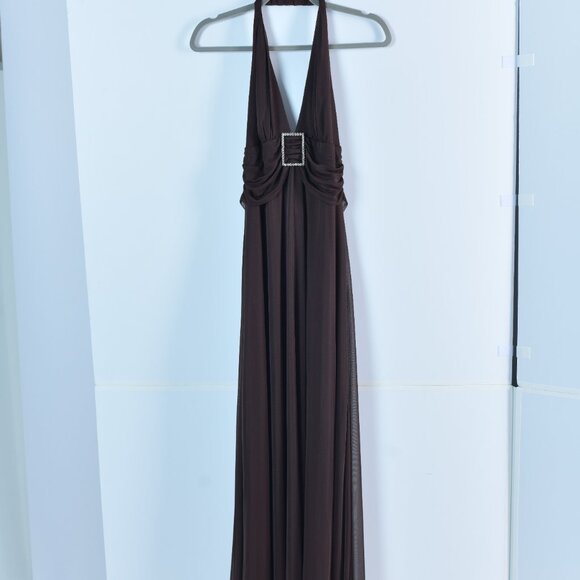 V-Neck Long Gown with center broach, Chocolate Brown - Picture 2 of 6